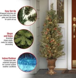 4' Classic Spruce Entrance Tree With Cones, Glitter, Red Berries, Silver Bristle And 100 Clear Lights In Decorative Urn -Outdoor Garden Living 041058 3