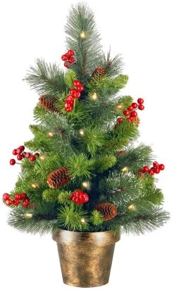 2' Pre-Lit Classic Spruce Artificial Tree With Cones, Red Berries And 35 Battery-Operated Warm White Lights