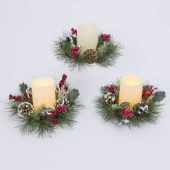 10" Holiday Pine Candle Ring With Greenery And Berry Embellishments