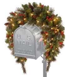 36" Battery-Operated Classic Spruce Mailbox Swag With Warm White Lights, Pine Cones And Berries