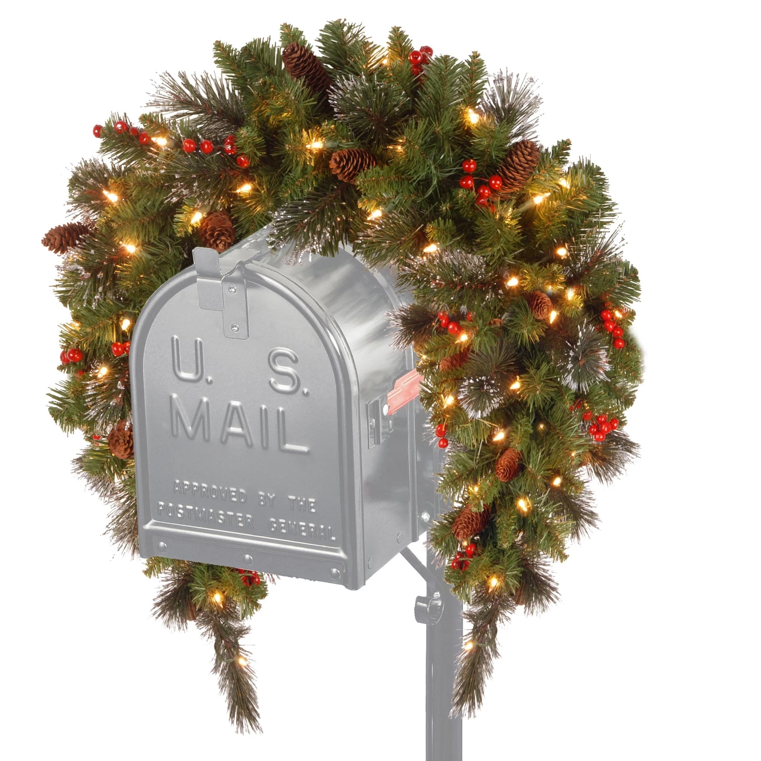 36" Battery-Operated Classic Spruce Mailbox Swag With Warm White Lights, Pine Cones And Berries 3 36" Battery-Operated Classic Spruce Mailbox Swag With Warm White Lights, Pine Cones And Berries