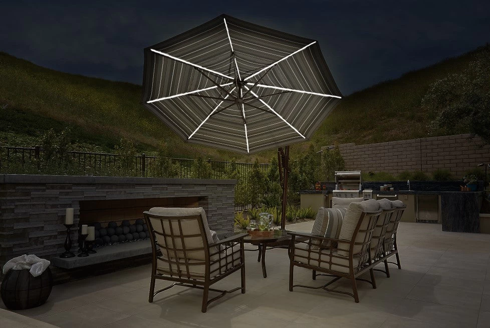 13' Starlux Collar Tilt Market Umbrella In A Bronze Frame With A Sahara Stripe Canopy 4 13' Starlux Collar Tilt Market Umbrella In A Bronze Frame With A Sahara Stripe Canopy - Image 2