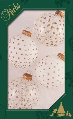 Set Of 4 Gold Glitter Polka Dot Glass Ornaments