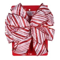 11" X 53" White Satin 16-Loop Christmas Tree Topper Bow With Red Glitter Candy Cane Stripes