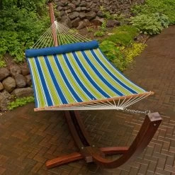 13' Quilted Blue & Lime Green Striped Hammock Bed With Bolster Pillow -Outdoor Garden Living 2937DL Alt1