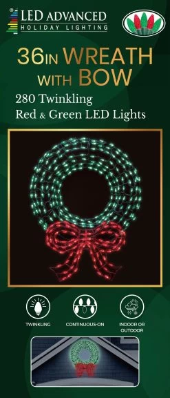 Twinkling Green LED Wreath Sculpture With Red Bow -Outdoor Garden Living 36in Wreath