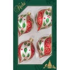 Set Of 4 Chiffon Red Stripe, Green Holly Leaves And Gold Glitter Glass Christmas Ornaments -Outdoor Garden Living 61356822d23dddbfad08977ab1e88e97
