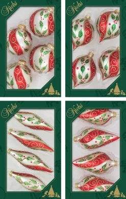 Set Of 4 Chiffon Red Stripe, Green Holly Leaves And Gold Glitter Glass Christmas Ornaments