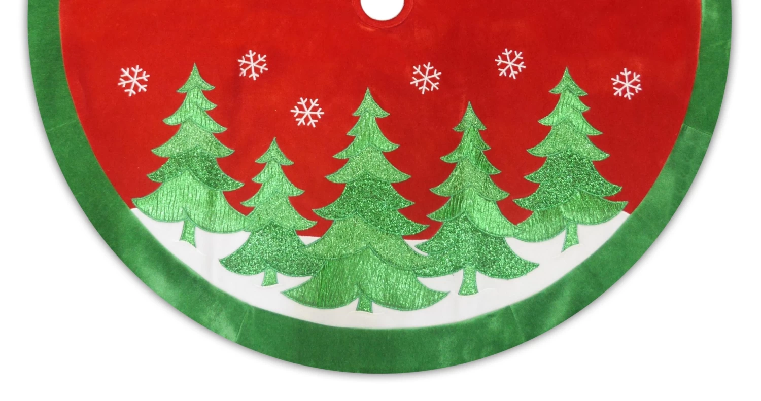 48" Red Velvet Christmas Tree Skirt With Green Appliqued Trees 4 48" Red Velvet Christmas Tree Skirt With Green Appliqued Trees - Image 2