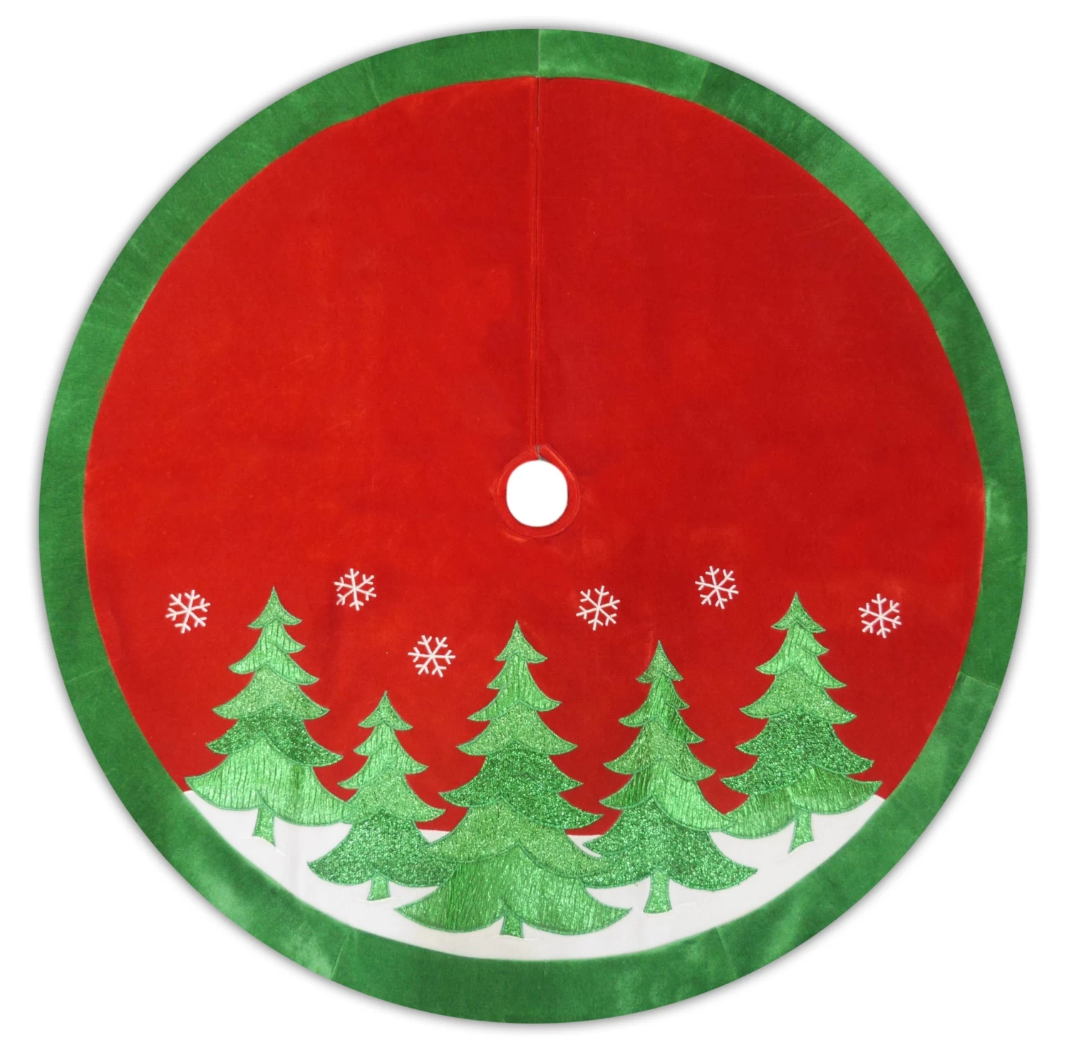 48" Red Velvet Christmas Tree Skirt With Green Appliqued Trees 3 48" Red Velvet Christmas Tree Skirt With Green Appliqued Trees