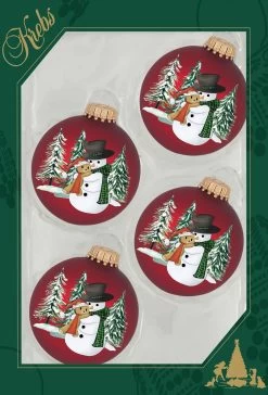 Set Of 4 Port Velvet Glass Ball Ornaments With Snowman Hugging Bear