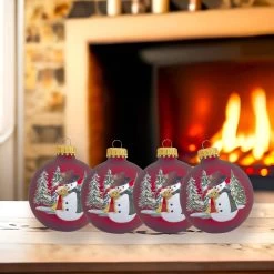Set Of 4 Port Velvet Glass Ball Ornaments With Snowman Hugging Bear 9 Set Of 4 Port Velvet Glass Ball Ornaments With Snowman Hugging Bear -Outdoor Garden Living 989062 3