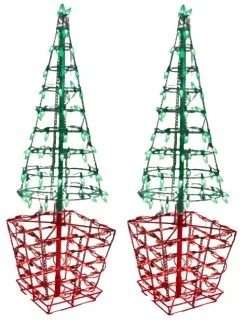 Set Of 2 Green & Red Twinkling LED Tree Topiary Outdoor Decorations