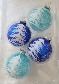 Set Of 4 Feathery Tree Glass Ornaments (Aqua/Blue) -Outdoor Garden Living 991778 2