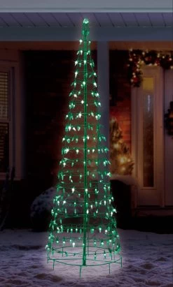 Wire Cone Tree Outdoor Decoration With Green Twinkling C5 LED Lights