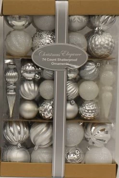 74-Pack Of Textured Christmas Ornaments (Silver/White) -Outdoor Garden Living 995510 2
