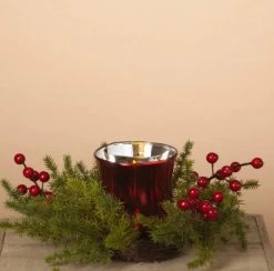 10" Rustic Faux Pine And Berry Christmas Decorative Floral Candle Ring With Metallic Silver Glass Votive Candle Holder -Outdoor Garden Living 997174 3
