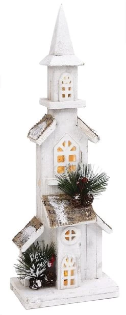 19.6" White Pine & Berry Wood Battery-Operated LED Church Décor With Timer