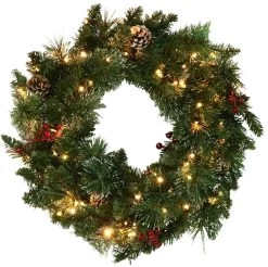 24" Frosted Berkshire Pine Wreath With 80 Color-Changing, Battery-Operated Starry Lights