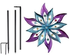 Purple And Aqua Floral Windmill Stake With Gems Kinetic Spinner -Outdoor Garden Living 998155 2