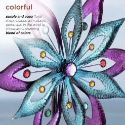 Purple And Aqua Floral Windmill Stake With Gems Kinetic Spinner -Outdoor Garden Living 998155 6