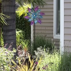 Purple And Aqua Floral Windmill Stake With Gems Kinetic Spinner -Outdoor Garden Living 998155 8