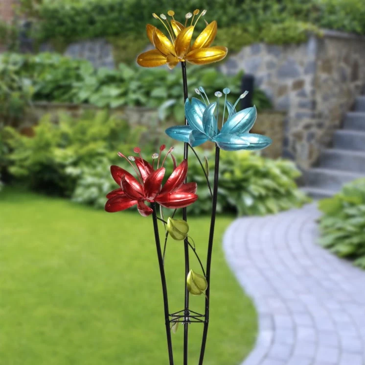 Blossoming Lily Floral Trio Spinner Metal Garden Stake 3 Blossoming Lily Floral Trio Spinner Metal Garden Stake