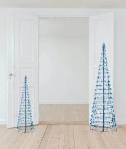 Set Of 2 Wire Cone Trees With Blue Twinkling LED Lights -Outdoor Garden Living Blue Cone