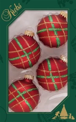 Set Of 4 Diagonal Plaid Glitter Glass Ball Ornaments