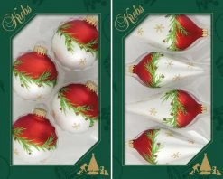 Set Of 4 Bi-Colored Glass Ornaments With Pine Branches And Stars