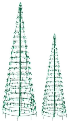 Set Of 2 Wire Cone Trees With Green Twinkling LED Lights