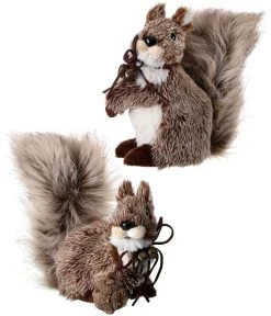 7" Furry Squirrel With Leather Bow & Bell Ornament