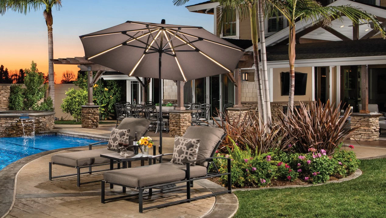 9' Starlux Collar Tilt Market Umbrella In A Bronze Frame With A Taupe Canopy 4 9' Starlux Collar Tilt Market Umbrella In A Bronze Frame With A Taupe Canopy - Image 2