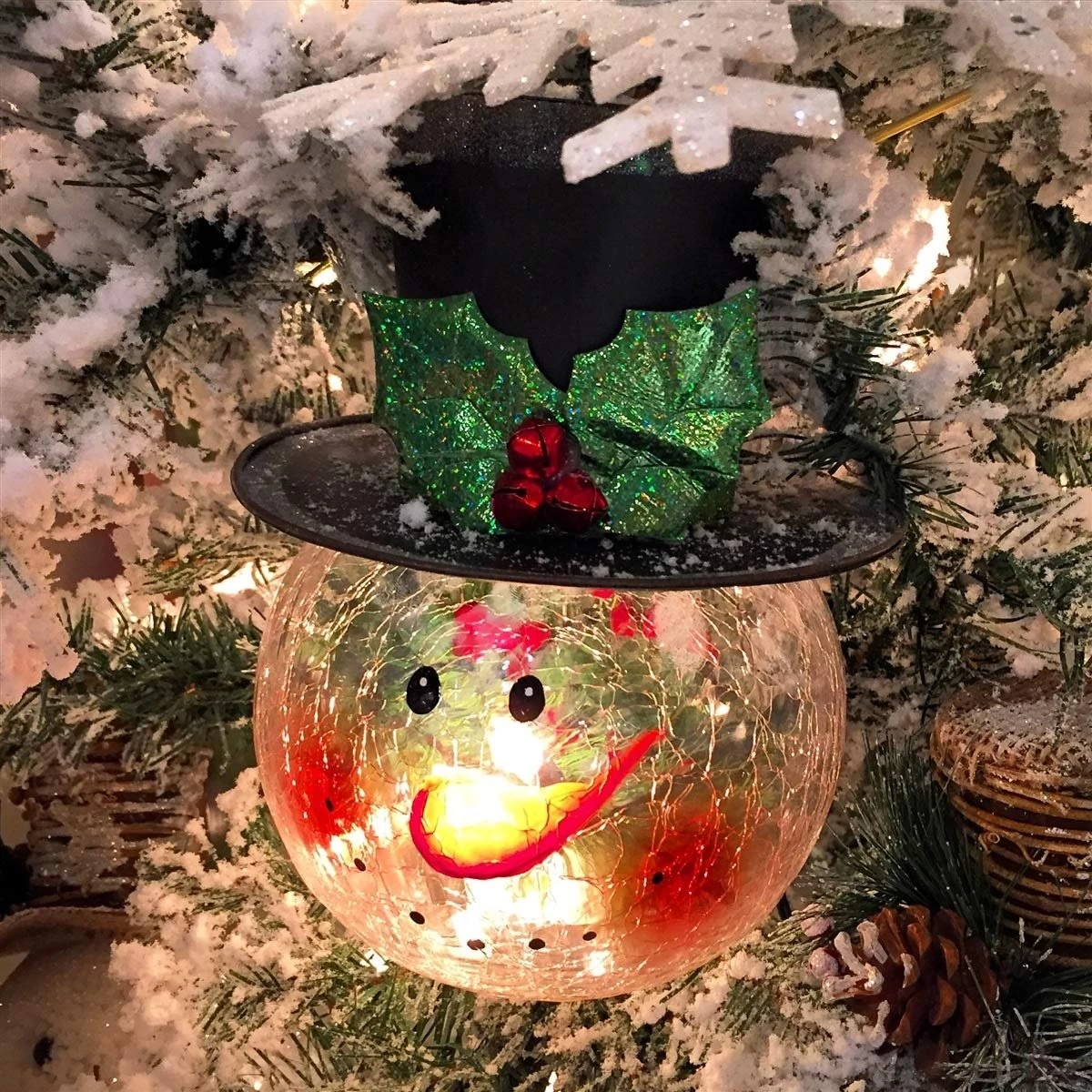 8" Electric Lighted Crackle Glass Snowman 6 8" Electric Lighted Crackle Glass Snowman - Image 4