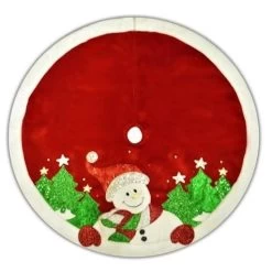 48" Red Velvet Metallic Embroidered Snowman Christmas Tree Skirt With Faux Fur Border