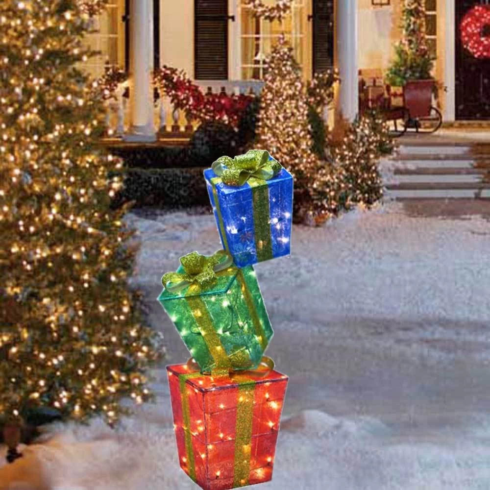 50" Lighted Shimmering Snowflake Stacked Gift Boxes Outdoor Decoration 6 50" Lighted Shimmering Snowflake Stacked Gift Boxes Outdoor Decoration - Image 4